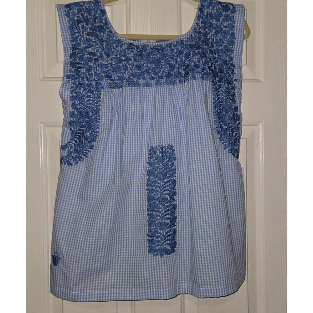 J. Marie Blue Gingham Embroidered Sleeveless Blouse Top Sz S New with Tags